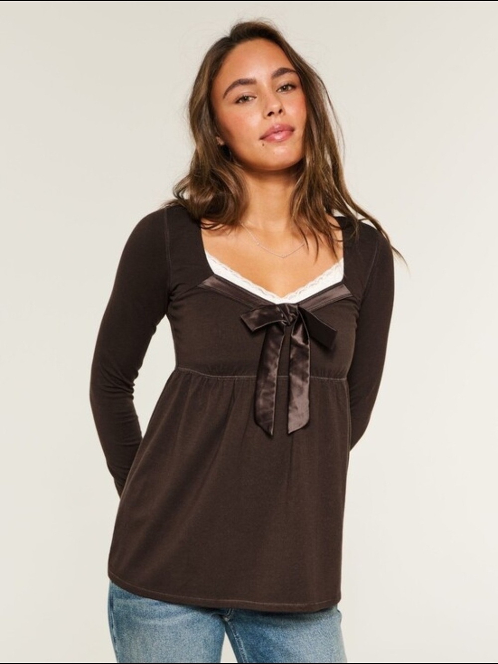 Hollister Chocolate Brown Long Sleeve Bow Trim Top